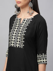 Women Black Embroidered Straight Kurta LIBAS