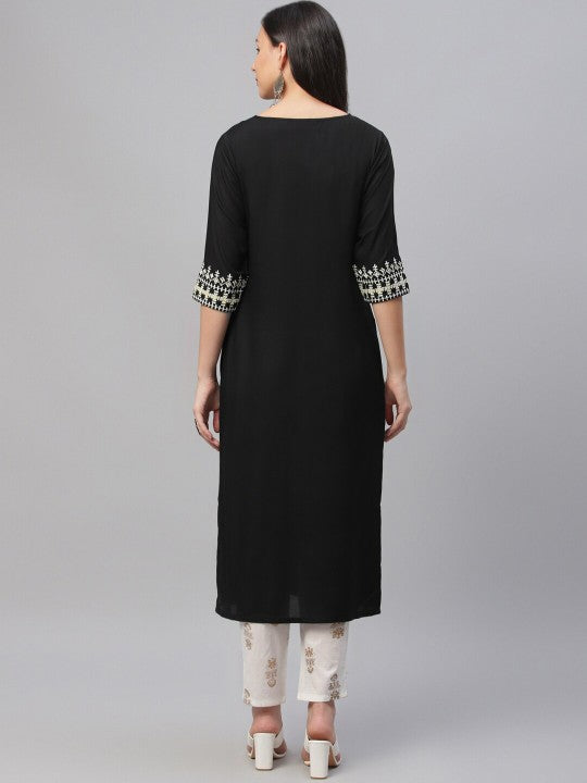 Women Black Embroidered Straight Kurta LIBAS