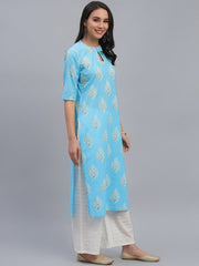 Women Blue Printed Panelled Pure Cotton Kurta GERUA BY LIBAS