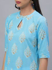 Women Blue Printed Panelled Pure Cotton Kurta GERUA BY LIBAS