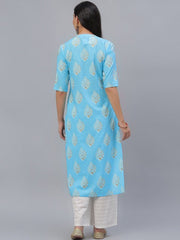 Women Blue Printed Panelled Pure Cotton Kurta GERUA BY LIBAS