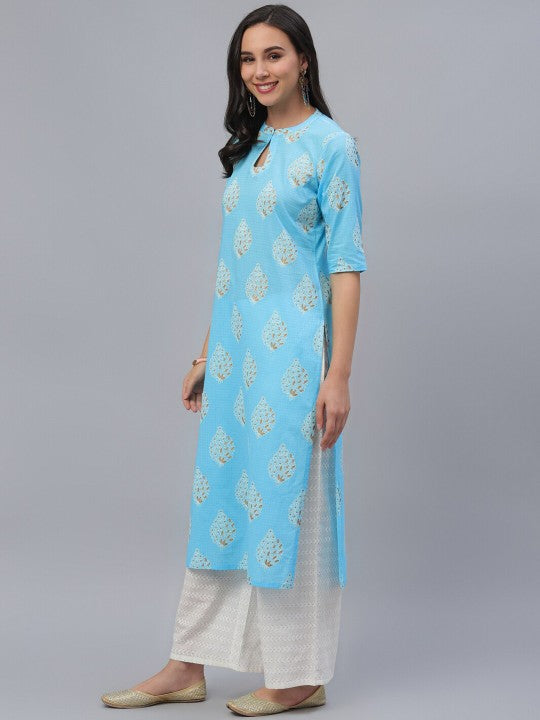 Women Blue Printed Panelled Pure Cotton Kurta GERUA BY LIBAS