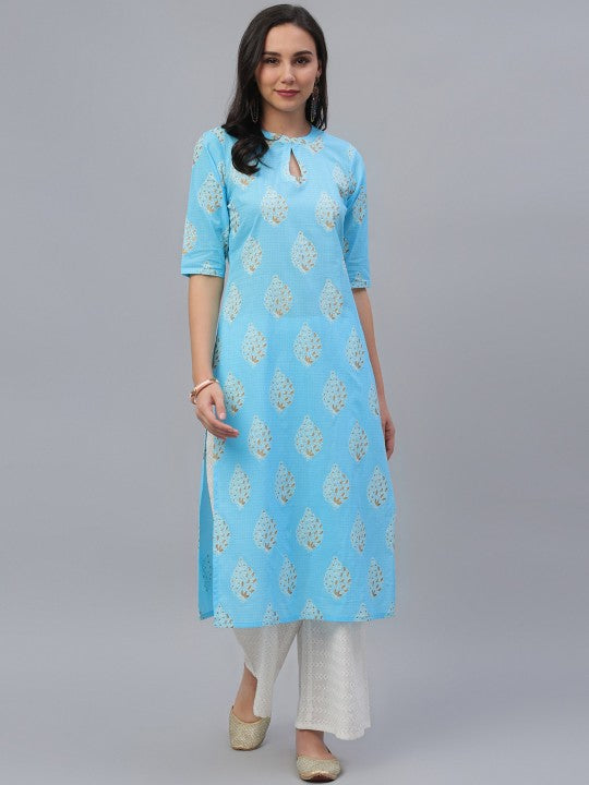Women Blue Printed Panelled Pure Cotton Kurta GERUA BY LIBAS