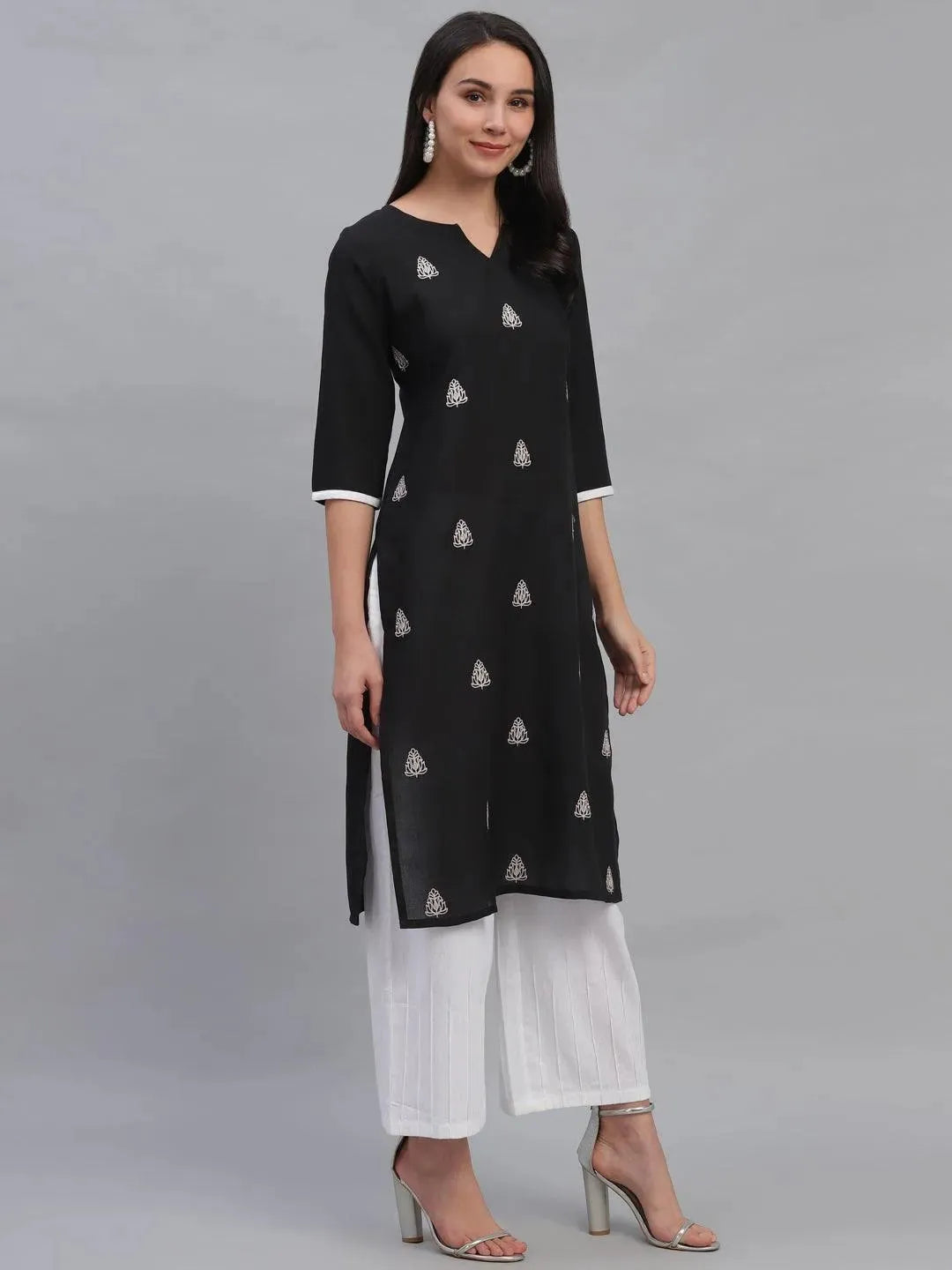 Black Rayon Embroidered Straight Kurta LIBAS
