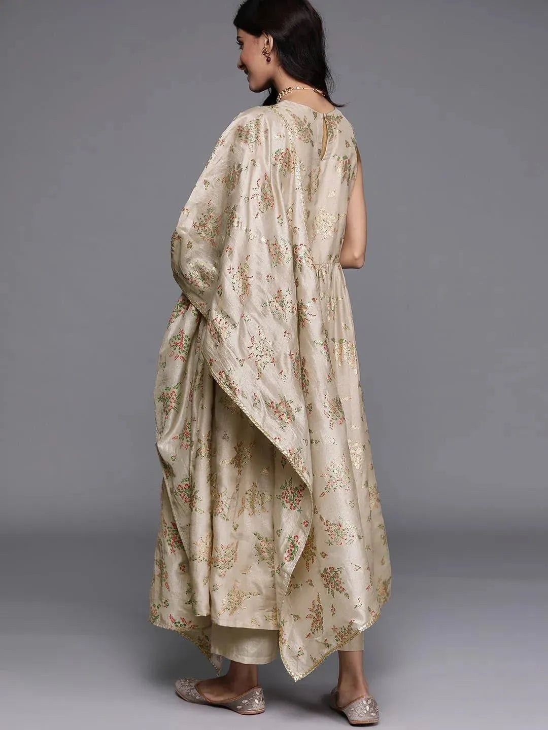 Beige Printed Silk Blend A-Line Kurta LIBAS