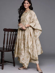 Beige Printed Silk Blend A-Line Kurta LIBAS