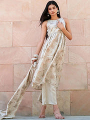 LIBAS Beige Printed Silk Blend A-Line Kurta (No Palazzos & No Dupatta), soft silk blend designed for effortless ethnic elegance.