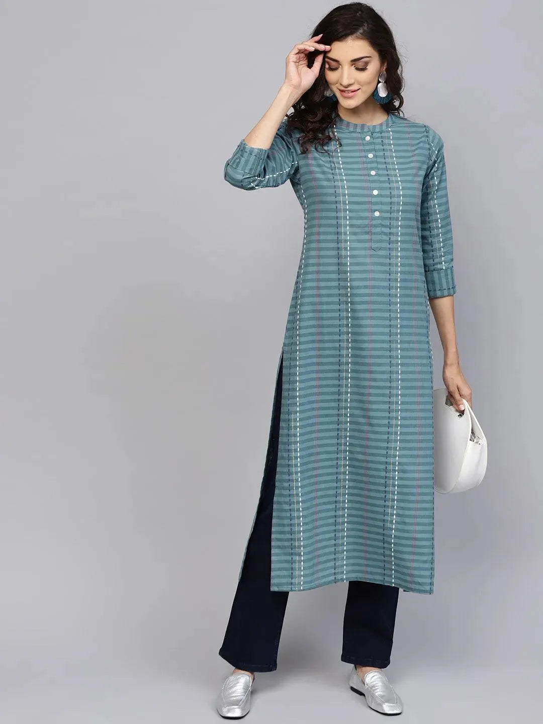 Teal Blue Striped Straight Kurta LIBAS