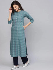 Teal Blue Striped Straight Kurta LIBAS