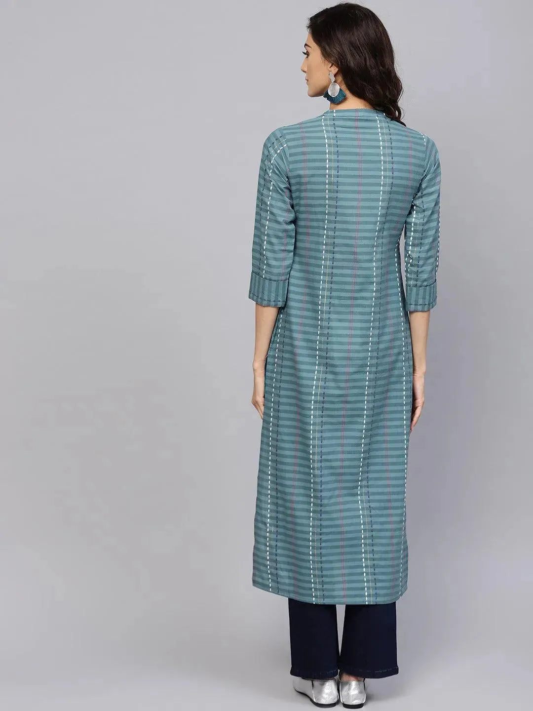 Teal Blue Striped Straight Kurta LIBAS