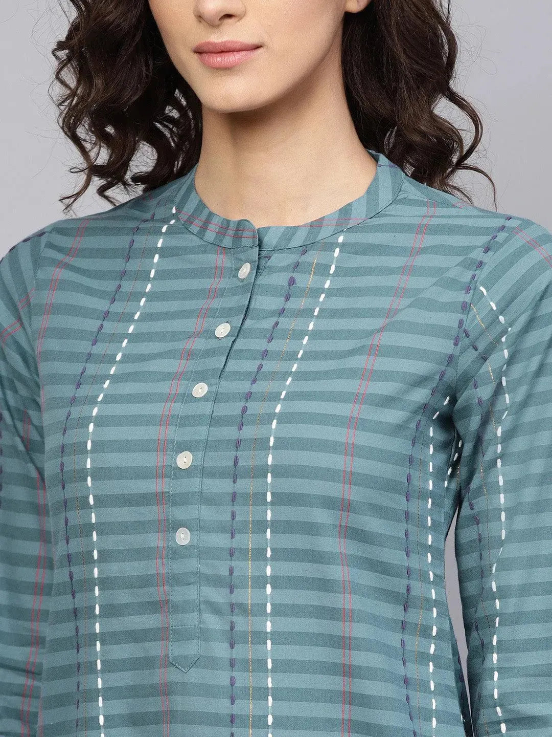 Teal Blue Striped Straight Kurta LIBAS