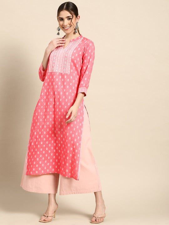 GERUA BY LIBAS Women Pink White Ethnic Motifs Yoke Design Mirror Work Floral Kurta, a stunning mirror work blend with rich floral embroidery.