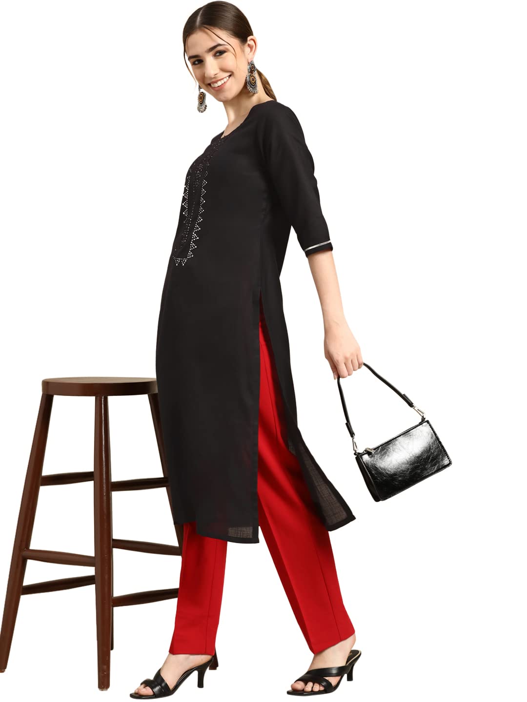 Women's Cotton BLACK Straight Kurta GERUA BY LIBAS