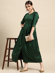 GERUA BY LIBAS Green Golden Keyhole Neck Maxi Dress, flowy silhouette with luxurious golden print accents.
