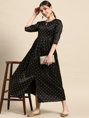GERUA BY LIBAS Black Embroidered Maxi Dress, elegant flowing dress with refined embroidered accents.