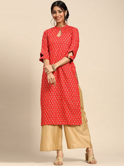 GERUA BY LIBAS Women Red & Golden Ethnic Motifs Printed Kurta, traditional ethnic motifs with golden accents on vibrant red fabric.