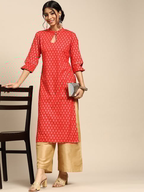 Red & Golden Ethnic Motifs Printed Kurta GERUA BY LIBAS