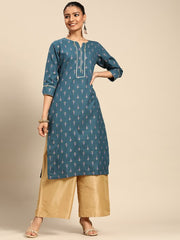 GERUA BY LIBAS Women Teal Blue Golden Ethnic Motifs Printed Gotta Patti Kurta, rich intricate prints on a bold ethnic silhouette.
