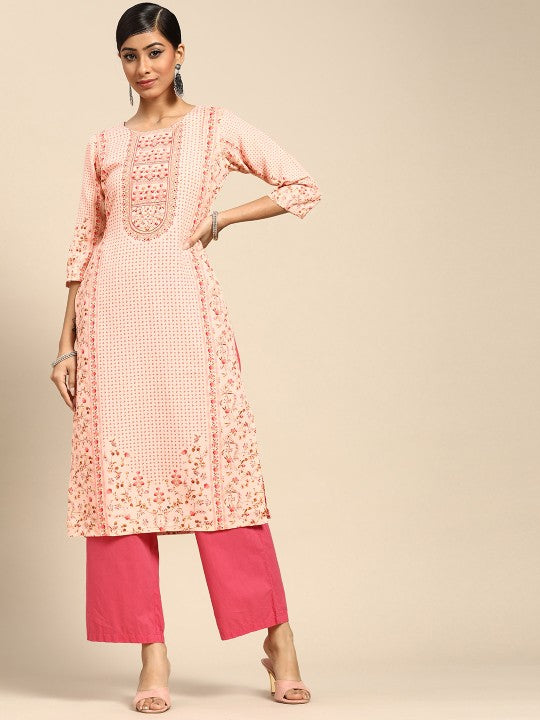 GERUA BY LIBAS Round Neck Floral Printed Straight Kurta in Pink, elegant floral motifs on a breathable straight silhouette.