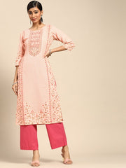 GERUA BY LIBAS Round Neck Floral Printed Straight Kurta in Pink, elegant floral motifs on a breathable straight silhouette.