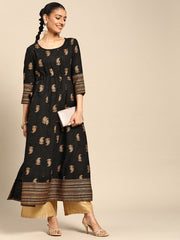 Black & Golden Paisley Printed Mirror Work Kurta GERUA BY LIBAS