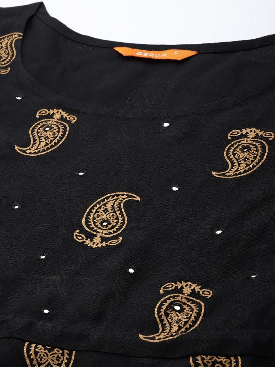 Black & Golden Paisley Printed Mirror Work Kurta GERUA BY LIBAS