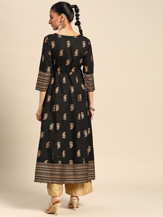 Black & Golden Paisley Printed Mirror Work Kurta GERUA BY LIBAS