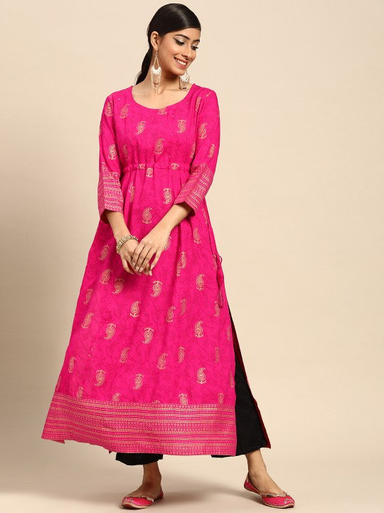 Women Pink Gold-Toned Ethnic Motifs Printed Mirror Work Kurta GERUA BY LIBAS