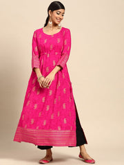 Women Pink Gold-Toned Ethnic Motifs Printed Mirror Work Kurta GERUA BY LIBAS