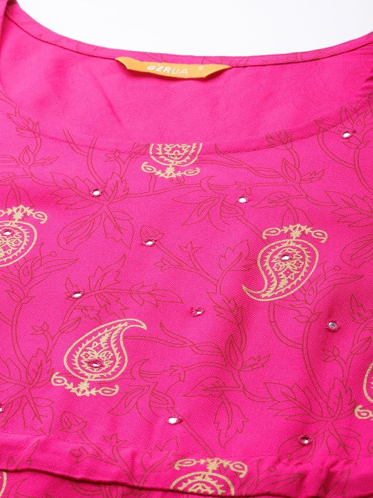 Women Pink Gold-Toned Ethnic Motifs Printed Mirror Work Kurta GERUA BY LIBAS