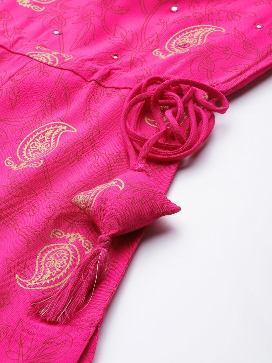 Women Pink Gold-Toned Ethnic Motifs Printed Mirror Work Kurta GERUA BY LIBAS