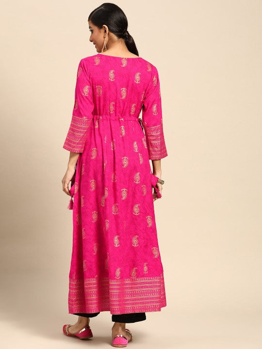 Women Pink Gold-Toned Ethnic Motifs Printed Mirror Work Kurta GERUA BY LIBAS
