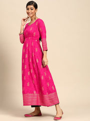 GERUA BY LIBAS Women Pink Gold-Toned Ethnic Motifs Printed Mirror Work Kurta, rich detailing for festive wear.
