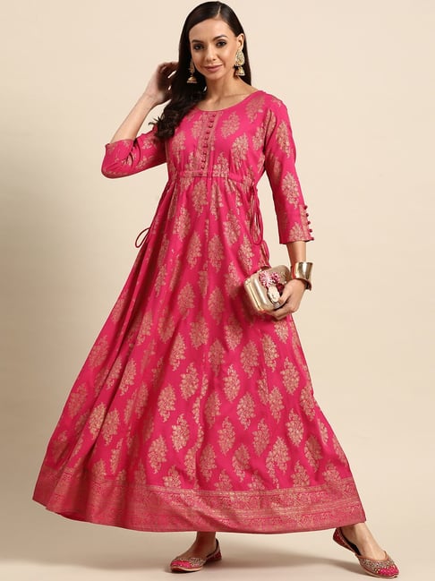 GERUA BY LIBAS Pink & Golden Printed Maxi Dress, a flowy, elegant ethnic wear choice.