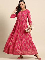 GERUA BY LIBAS Pink & Golden Printed Maxi Dress, a flowy, elegant ethnic wear choice.