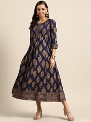 GERUA BY LIBAS Navy Blue Gold-Toned Ethnic Motifs Midi Dress, deep blue hues blended with intricate gold-toned motifs.