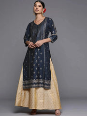 Navy Blue Printed Silk Straight Kurta LIBAS