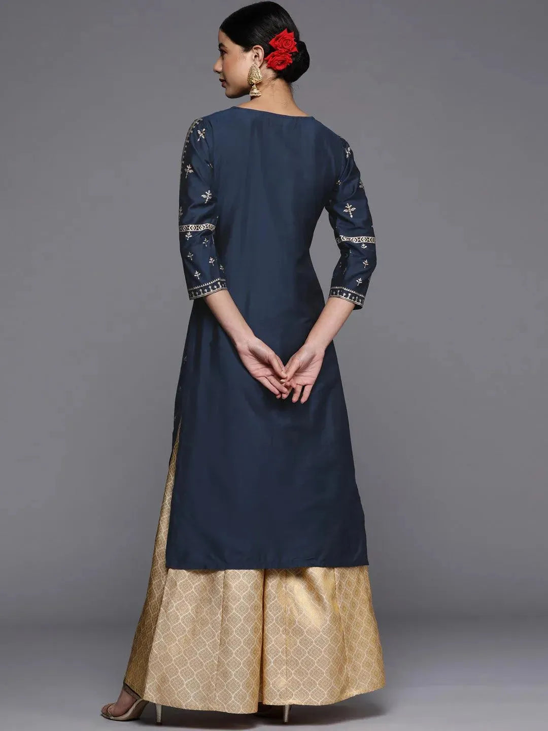 Navy Blue Printed Silk Straight Kurta LIBAS