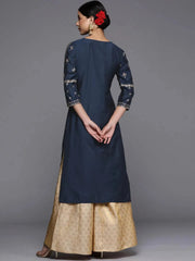 Navy Blue Printed Silk Straight Kurta LIBAS