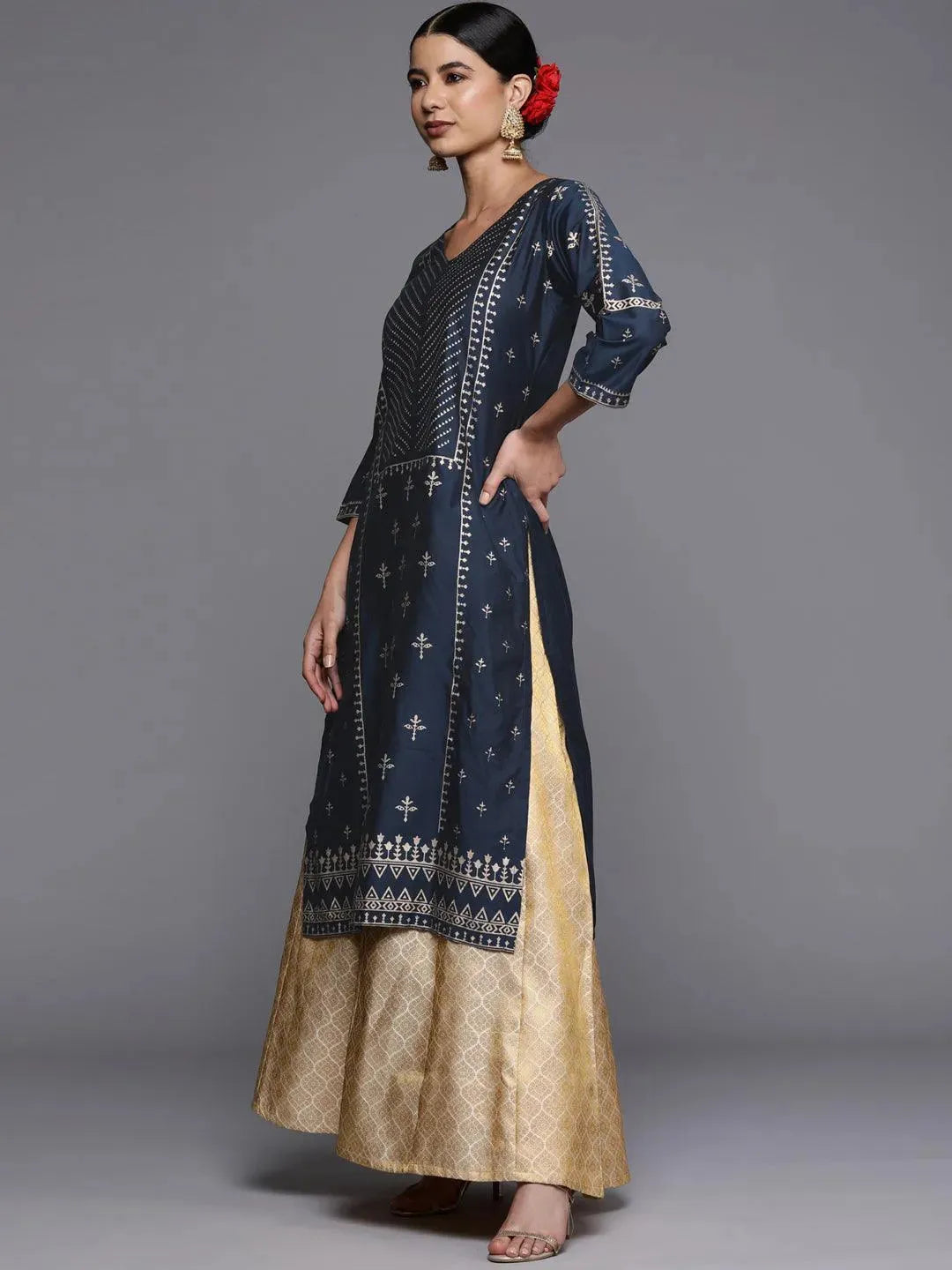 Navy Blue Printed Silk Straight Kurta LIBAS