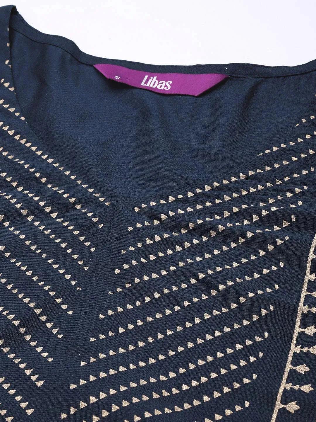 Navy Blue Printed Silk Straight Kurta LIBAS