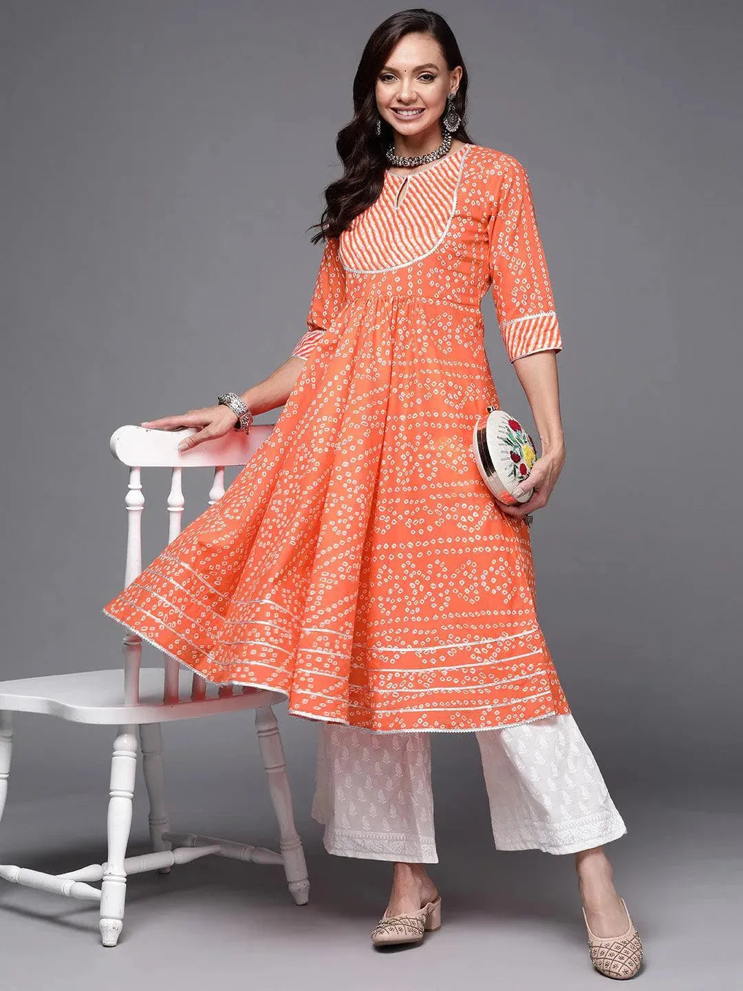 Orange Printed Cotton Anarkali Kurta LIBAS