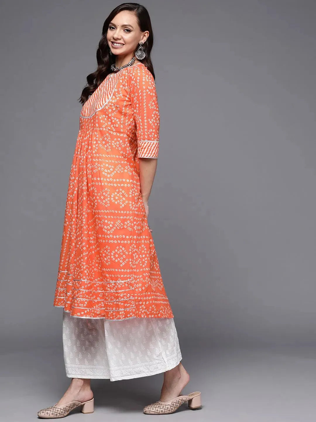 Orange Printed Cotton Anarkali Kurta LIBAS