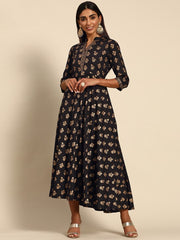 GERUA BY LIBAS Black Floral Print Fit & Flare Dress, stylish layered structure for an ethnic fusion.