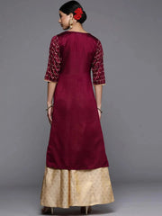 Burgundy Printed Silk Straight Kurta LIBAS