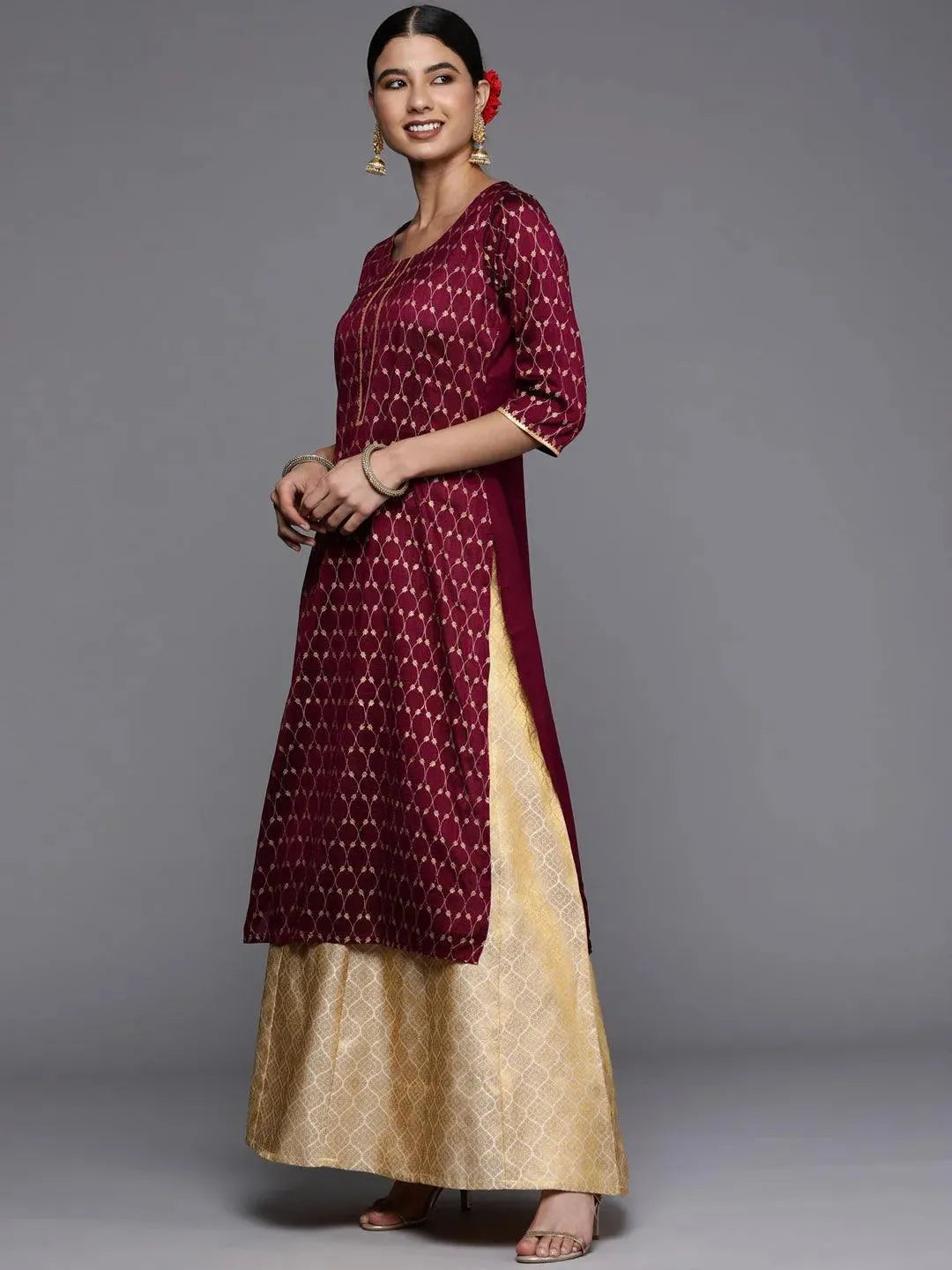 Burgundy Printed Silk Straight Kurta LIBAS