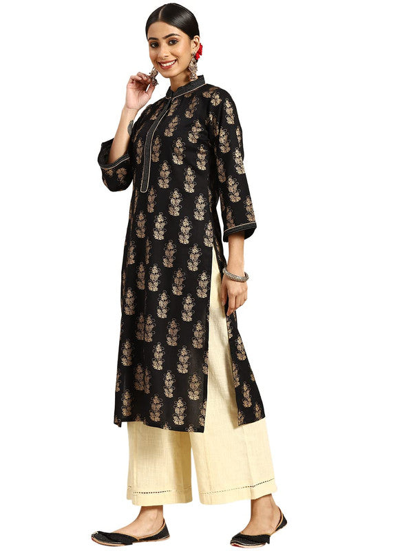 GERUA BY LIBAS Women Printed Viscose Rayon Straight Kurta in Black, modern straight-fit kurta with soft rayon texture.
