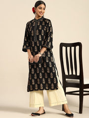 Black Printed Viscose Rayon Straight Kurta GERUA BY LIBAS