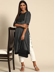 GERUA BY LIBAS Black Geometric Printed Round Neck Kurta, contemporary ethnic styling with geometric prints.