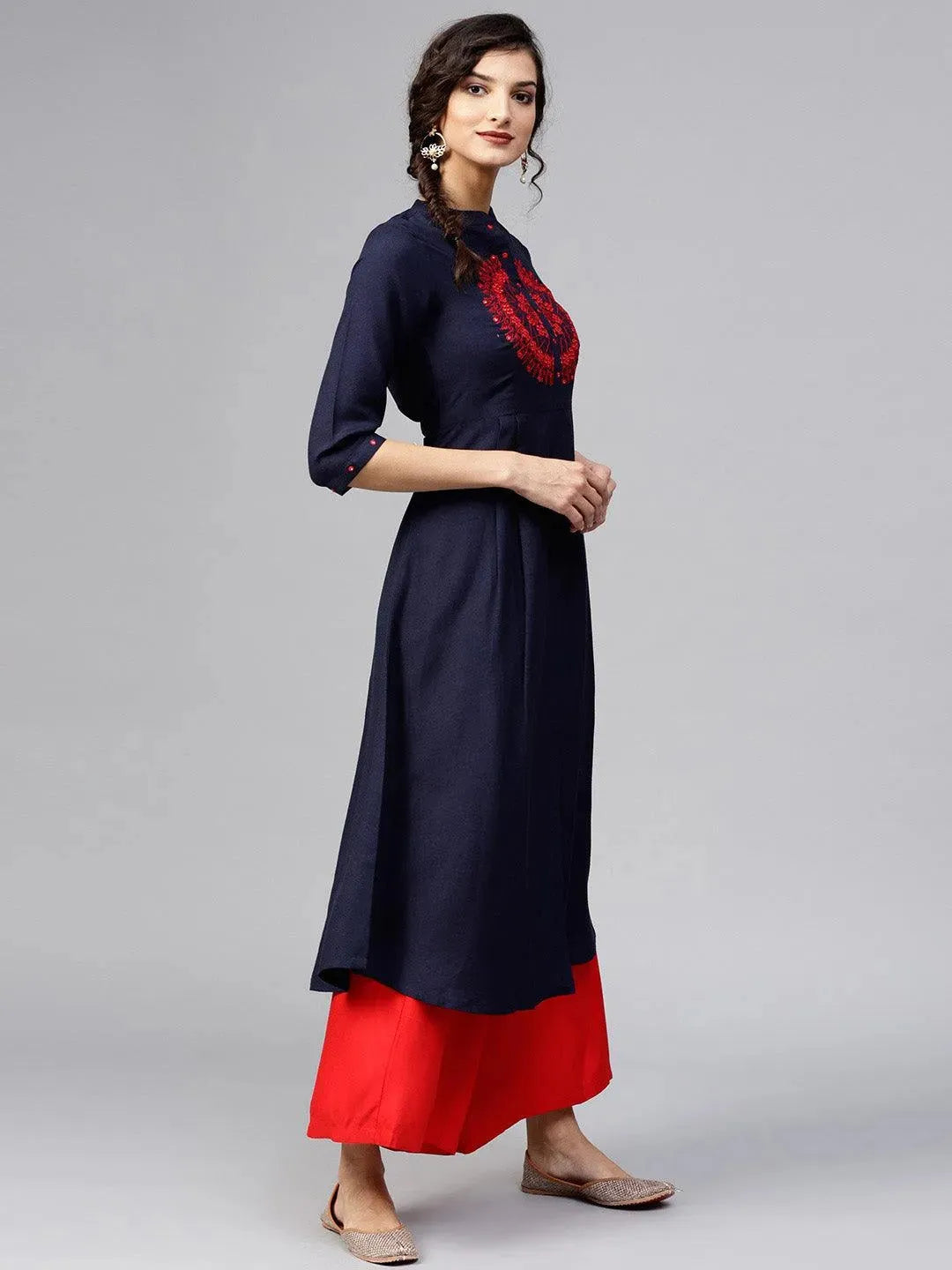 Blue Self-Design Cotton Rayon A-line Kurta LIBAS